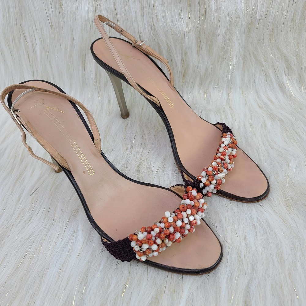 Giusepee Zanotti Vicini Strappy Sandals Heels Bead Yarn Stiletto Size 10